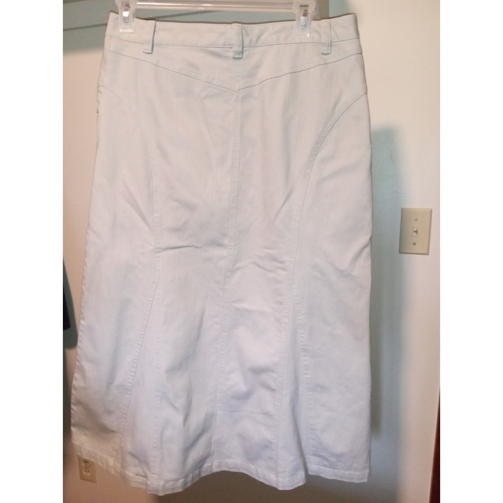 Carolina Blues Khaki Stretch Denim Midi Skirt Size 14 Paneled A-Line Stone